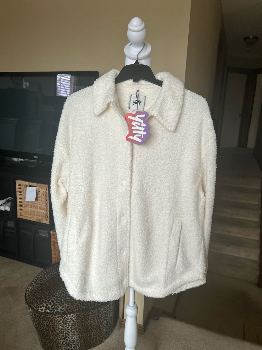 Yitty Cream Sherpa Button-Front Jacket Shacket/ Relaxed/Casual
